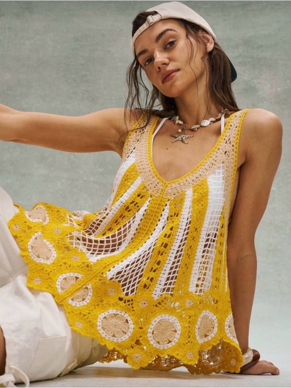 Crochet Openwork Tank Swim Cover in Yellow and White